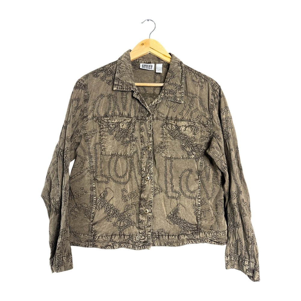 Vtg‎ Chicos Design Jacket Women L Brown Embroidered Button Up Western Boho Artsy